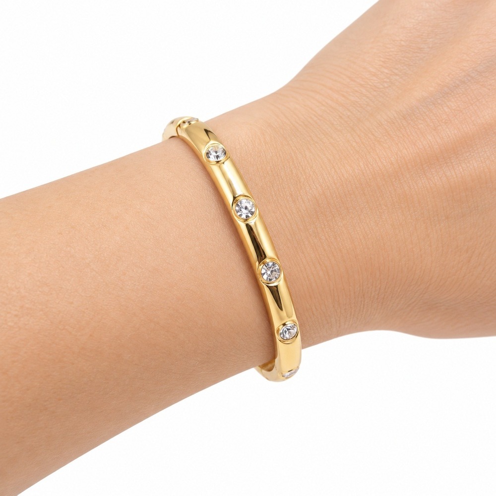 Gold Tone Rhinestone Studded Hinge Bangle Bracelet Clear Round Stones Size 6